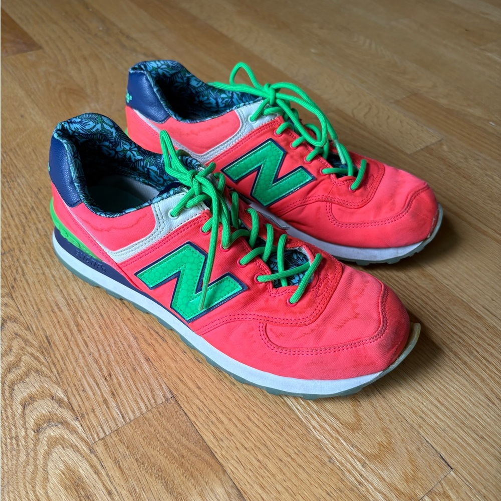 New Balance Women’s 10 Coral and Lime Sneakers with floral trim